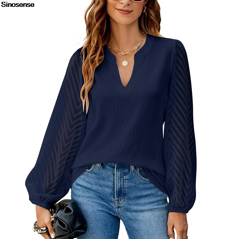 

Women Dressy Casual Chiffon Blouse Lace Patchwork Long Sleeve Tops Sexy V Neck Loose Business Shirt Elegant Work Office Blouses