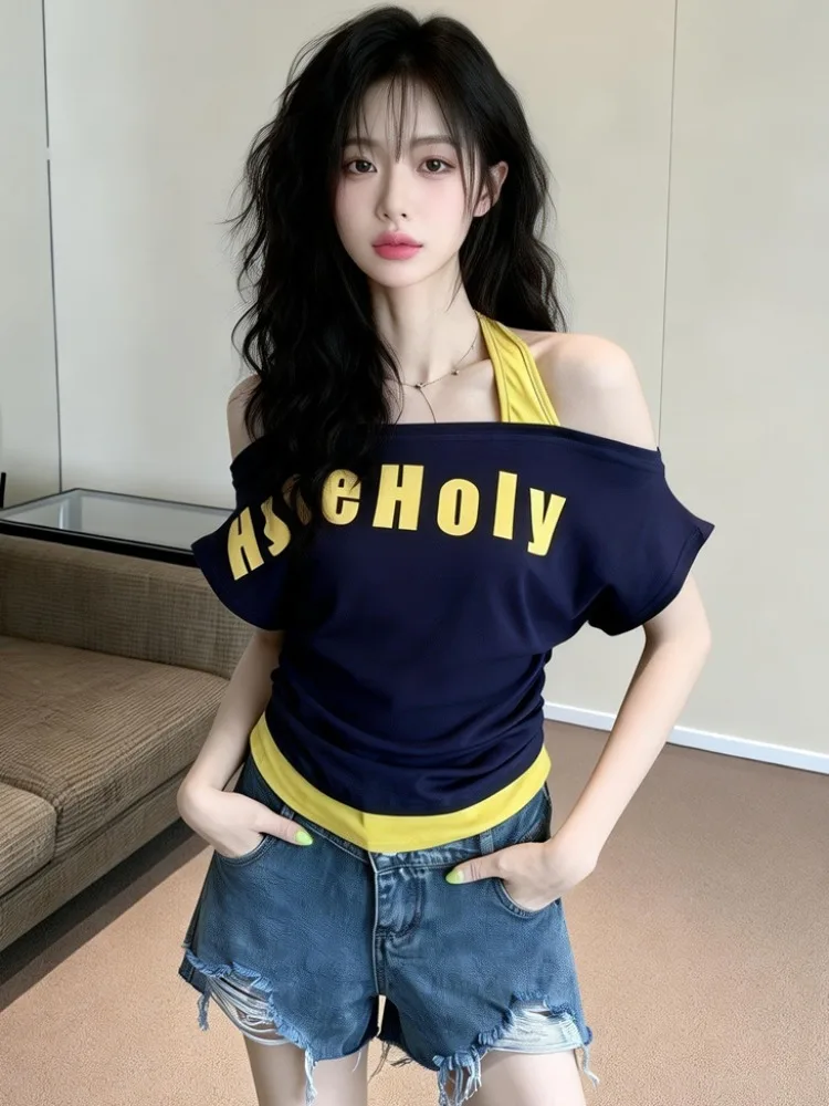 

American Style Splice Color Short Sleeve Shoulder Bared T Shirt Women Summer Slim Fit Neck Hanging Print Hot Girl Top