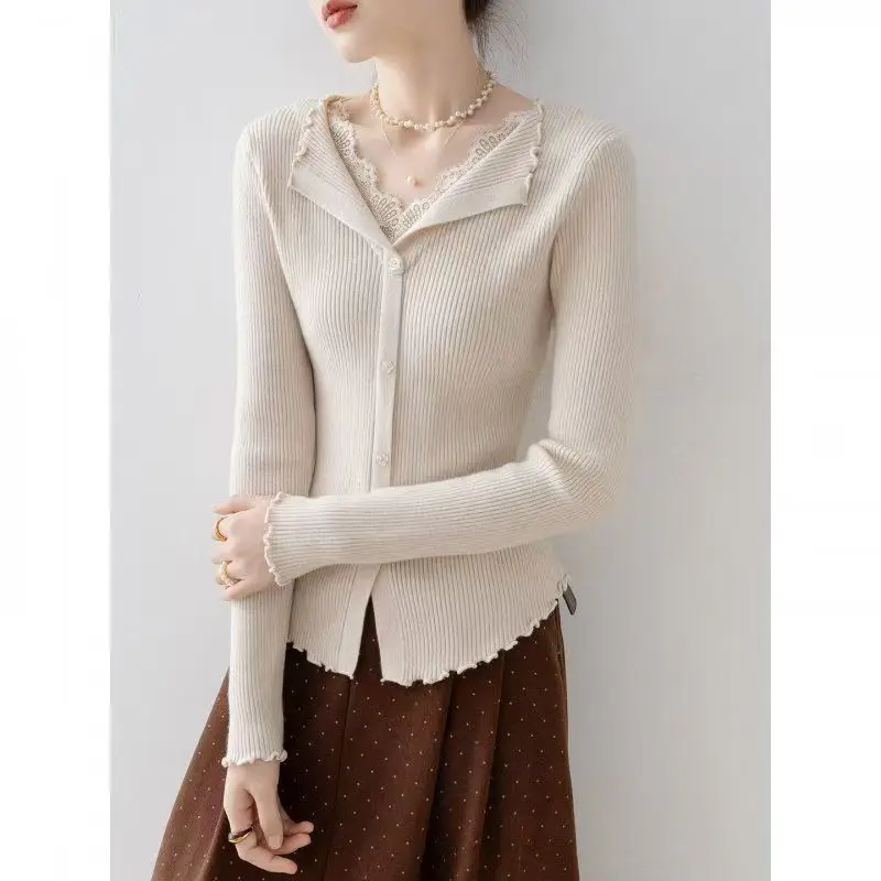 Splicing Lace V-Neck Pullover Women Autumn Winter Elegant Fungus Side Knitwear Sweater Base Layer for Coat Comfortable Jumpers