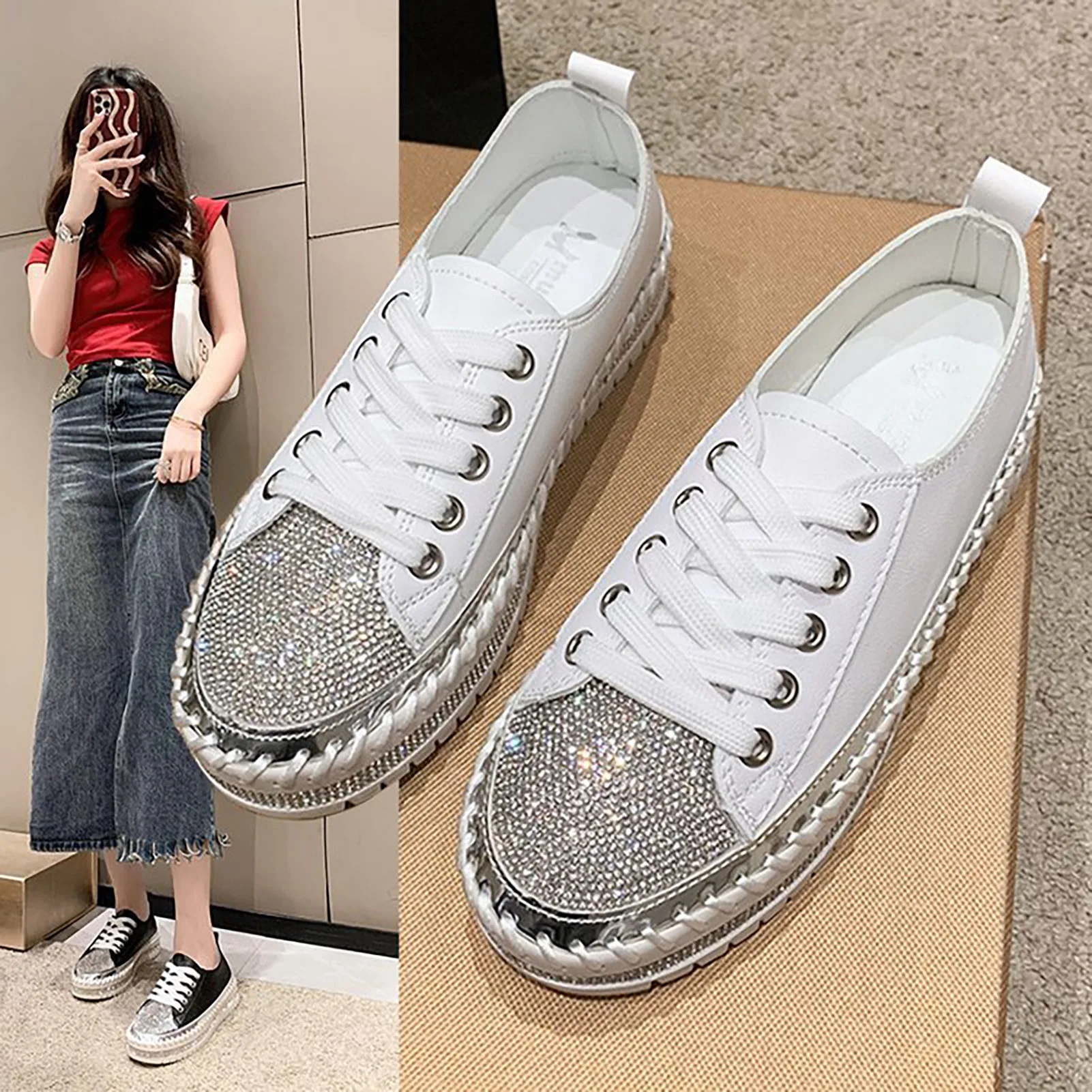 Women's Casual Sneakers Rhinestone Embellished Slip On Lace Up Walking Shoes Birthday Gift for Girlfriend Sister