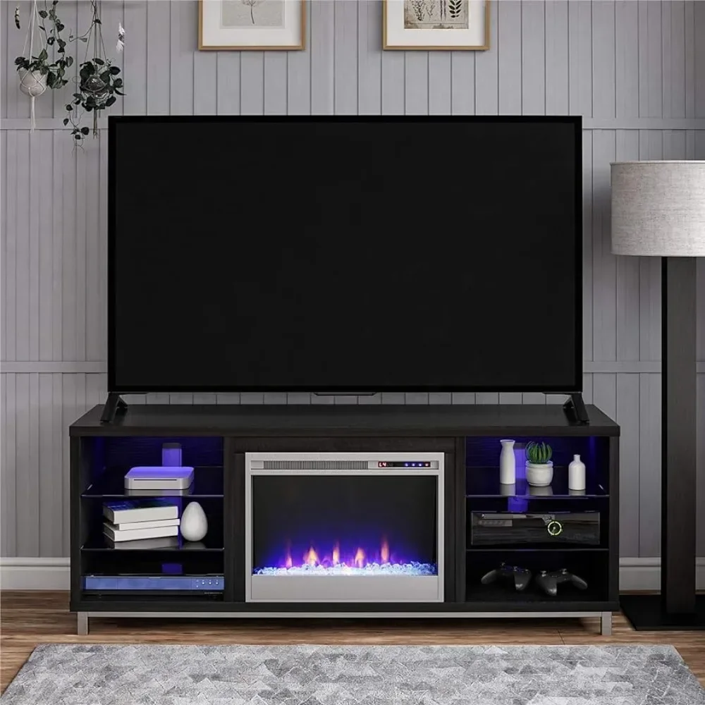 Lareira Black Oak Stand com 6 prateleiras abertas, suporte de TV moderno, componentes de áudio, filmes, Blu-Rays, até 70"