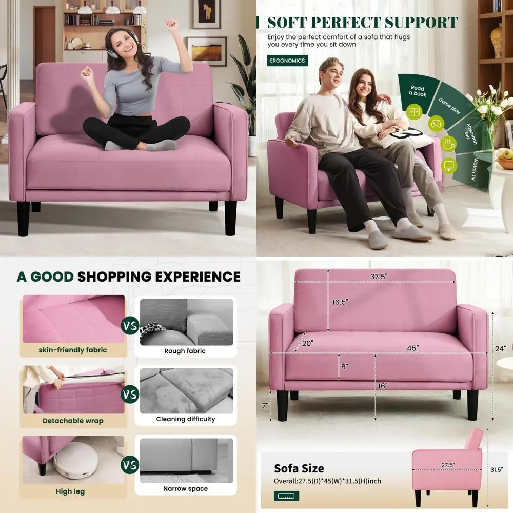 

Compact Pink Loveseat Sofa for Cozy Spaces with Detachable Washable Cover and High-Density Foam Cushions, Crafted from Solid Woo