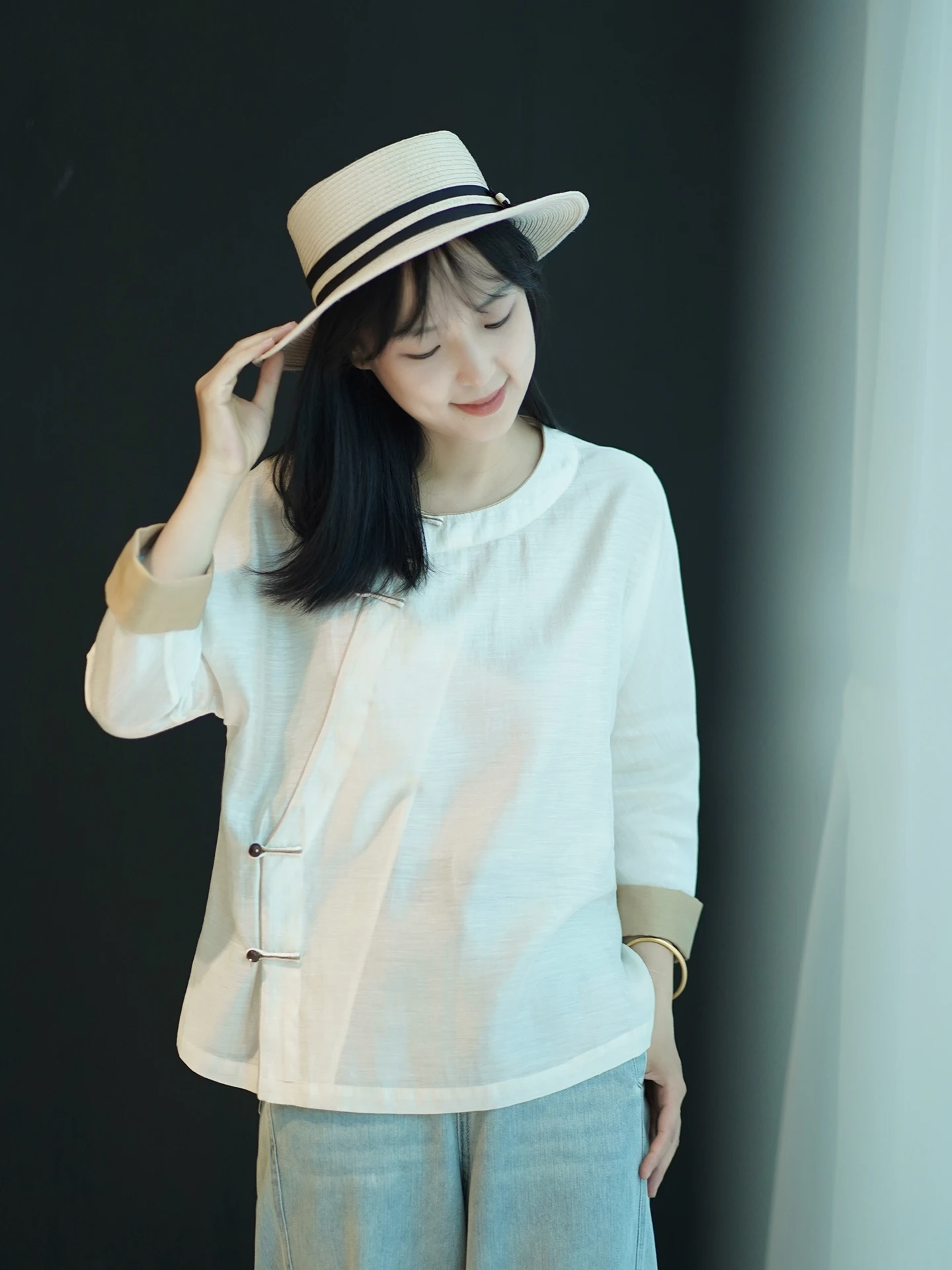 

Ephirean New Chinese Sle Cotton Linen ort Sve Women's Summer Casual Breathable Retro Silk Linen Top round Neline