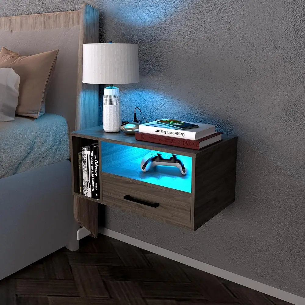 

Floating Nightstand With Charging Station And Led Light Strips, 21.3"" Night Stand With Drawers, Floating Bedside With Usb
