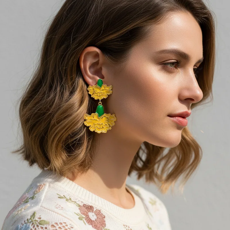 Fashion Vacation Style Metal Oil Dripping Carnation Pendant Earrings Female Mother's Day Enamel Flower Earrings Female