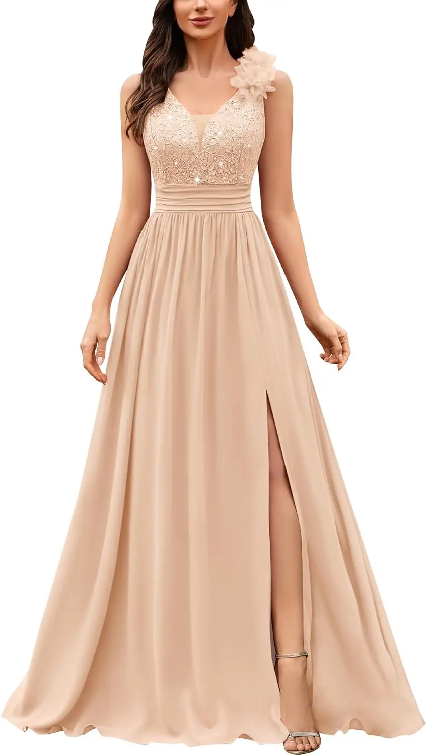 Damen-Abendkleid im Vintage-Stil, V-Ausschnitt, ärmellos, mit Pailletten, geteilt, elegant, formelle Partykleidung
