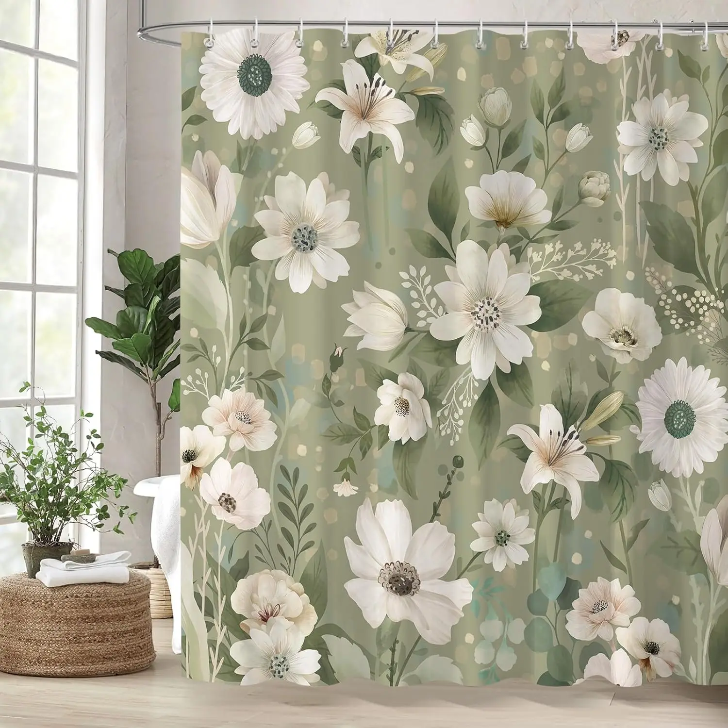 

Boho Sage Green Floral Shower Curtains, Beige Green Flowers Shower Curtain Set Aesthetic Wildflower Curtains Waterproof Fabric