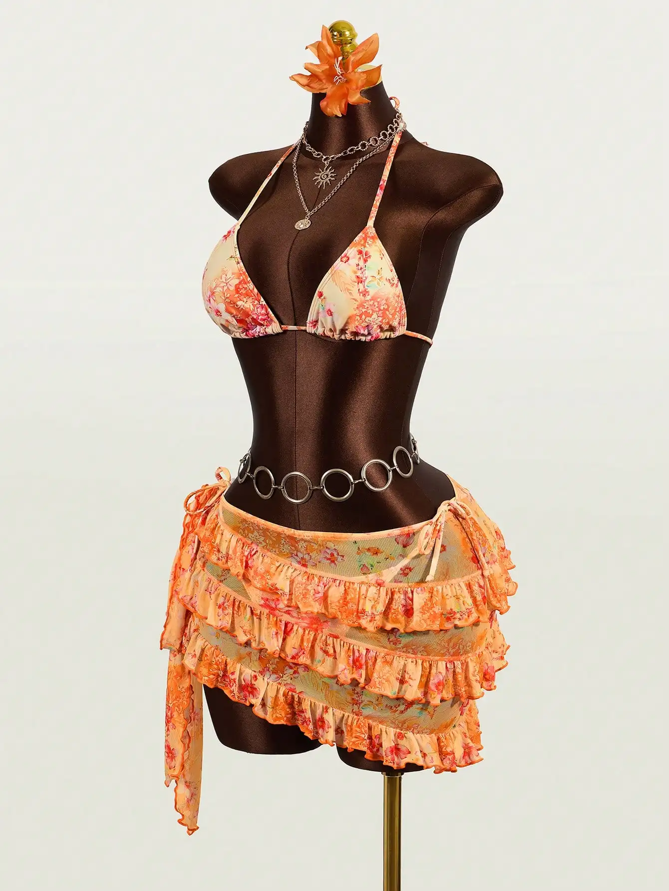 

3 Piece Floral Print Ruffled Skirt Bikini Set For Women Beach Vacation Swimwear