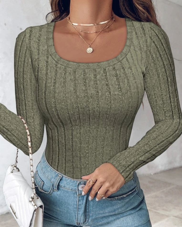 

Women's Tee Tops 2024 Winter Casual Commuting Fashion Basic Ribbed Knit Solid Color Round Neck Long Sleeve Skinny Top