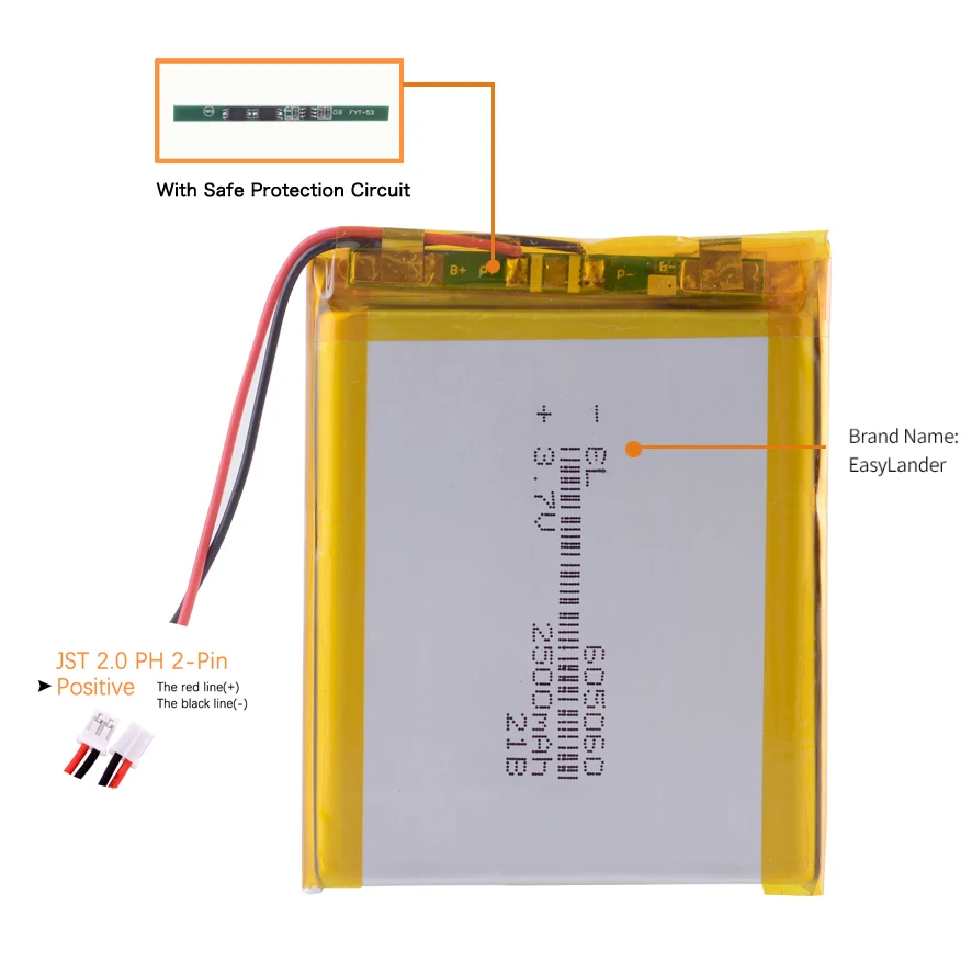 JST2.0mm 2Pin 605060 3.7V 2500mAh 充電式リチウムポリマーリチウムイオン電池 305060 405060 505060 705060 805060 905060 105060 125060