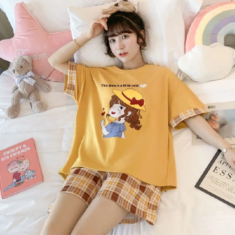 2PCS/Set Large Size Girl Korean Version Short-Sleeved Shorts Pajamas Student Princess Wind Elastic Sweet Kawaii Ladies Homewear