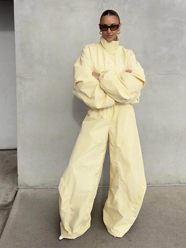 Stehkragen Langarm Oversize-Oberteil und Hosen-Set für Damen, Streetwear mit Taschen, Lockere Mäntel, Hosen mit Elastischem Bund, Schickes Damen-Outfit, Neu – Detail 15