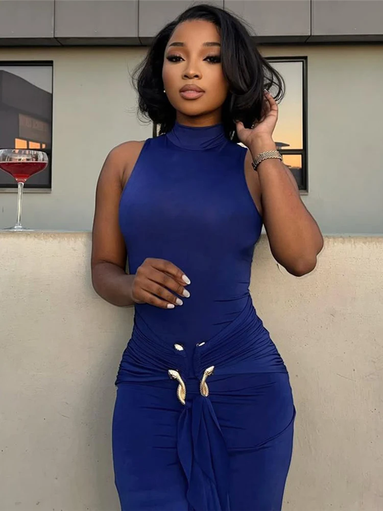 Whatiwear Metalen Gesp Patchwork Maxi Jurk Vrouwen Coltrui Mouwloos Lint Middernacht Prom Banket Elegante Skinny Vestidos