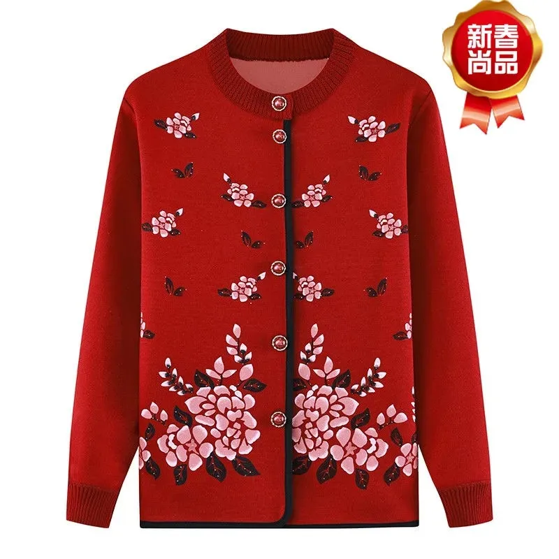 One Piece Fleece Middle-Aged Elderly 2022 New Spring Autumn Winter knitting Coat Cardigan Sweater Grandmother Thick Jacket