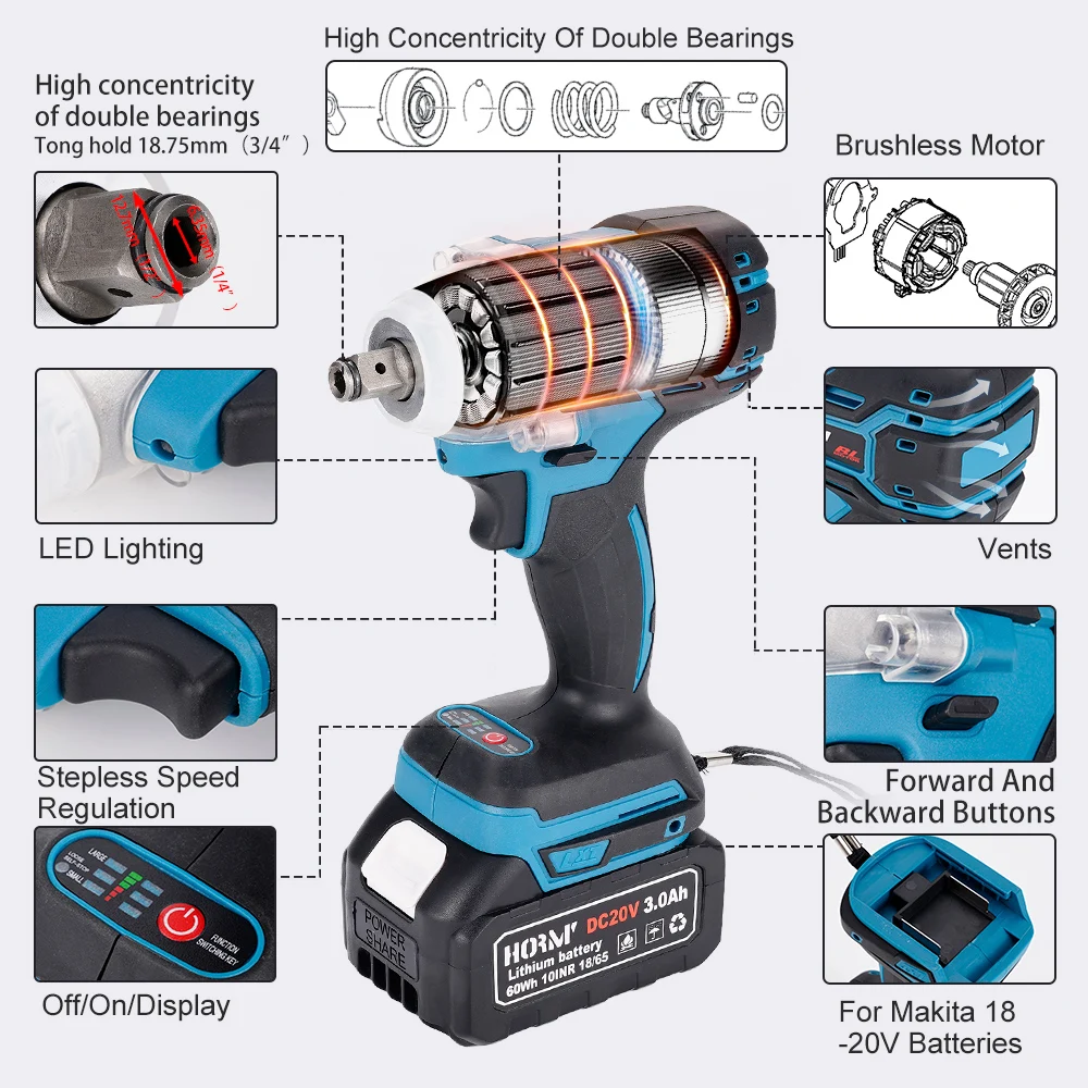 18V 520N.m Brushless Cordless Electric Impact Wrench Rechargeable 1/2 Accumulator Wrench For Makita 18V Battery 3000mAh Battery