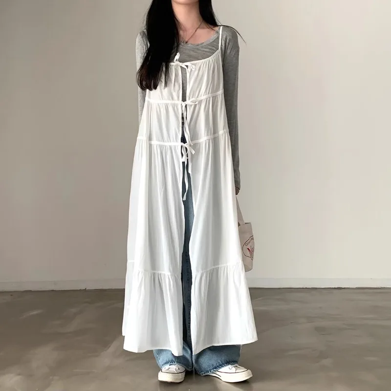 

Korean Hollow Lace-up Loose Casual Sling Dress Women 2024 Summer New Off-shoulder Solid Color All Match Pleated Mid-length Dress