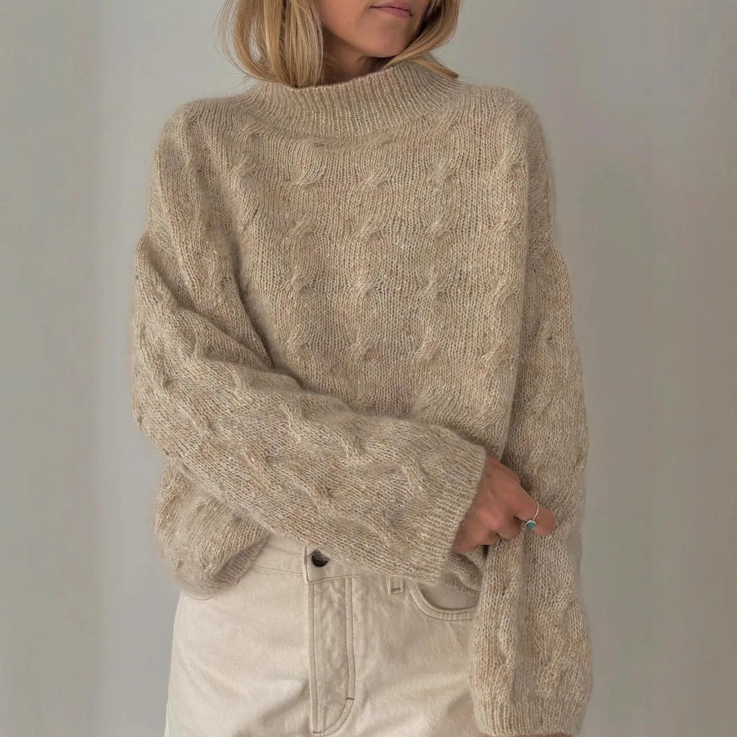 

Cable Knitted Pullovers Sweaters Women Solid Jumpers Mock Neck Long Sleeves Loose Casual Elegant Office Lady 2026 Autumn Winter