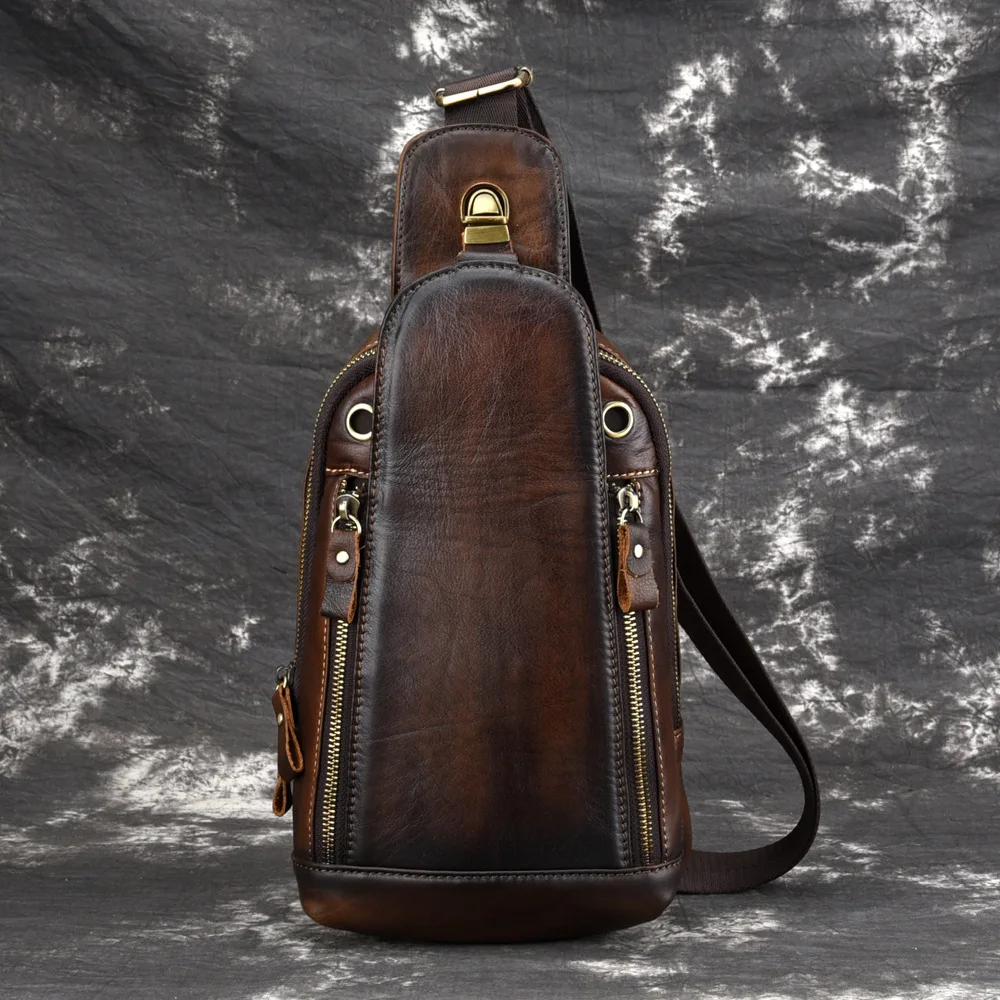 Vintage Full Cowhide Grain Leather Chest Bag For Men Casual Hand Painted And Worn Messenger Bag Male Shoulder Crossbody Bag T201