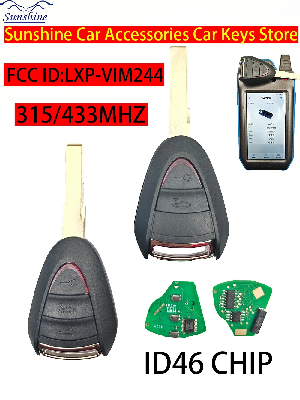 

Автомобильный ключ с чипом Sunshine ID46 для Porsche Carrera Cayman 911 987 996 997 Boxster S 2S 4S Turbo Targa 315/433 МГц