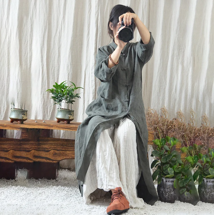 معطف نسائي للخريف والشتاء من الكتان مع زر عتيق صيني Sle للتنقل الفني بقصة ضيقة وياقة طويلة Sve