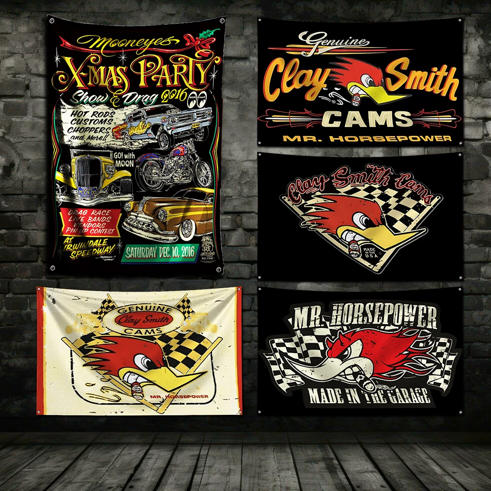 Mr.Horsepower Clay  Mooneyes Flag Polyester Digital Printing Banner for Garage Wall Art Out Door Decoration