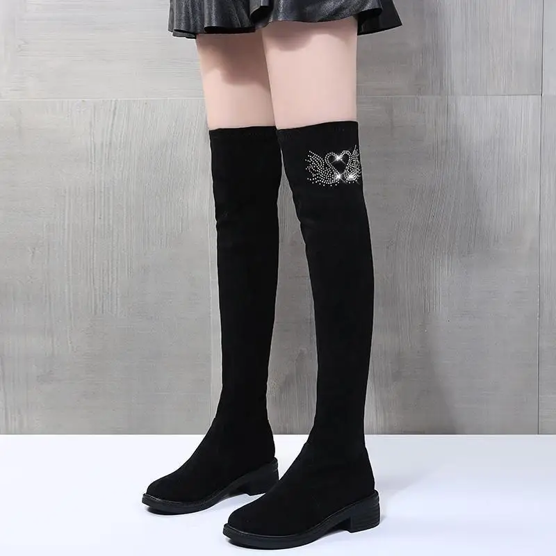 Women's Over Knee Stretch Boots 2025 Autumn Winter New Design Crystal Embellished Thick Heel Slimming Faux Fur Lining Warm Boots