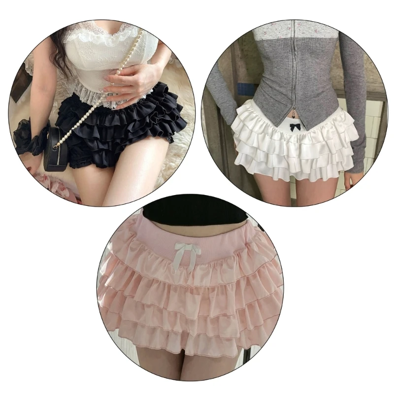 

Women Aesthetic Solid Color Tiered Ruffle A Line Skirt Low Waist Sweet Bowknot Pleated Ultrashort Cake Skirt Streetwear