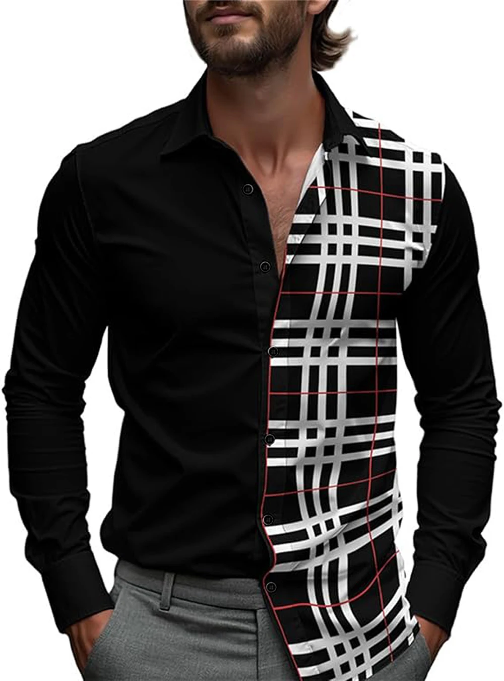 New Men's Shirt Hawaiian Lattice Beach Holiday Long Sleeve Black White Classic Business Shirt Xmas Button Up Shirt Man Designer