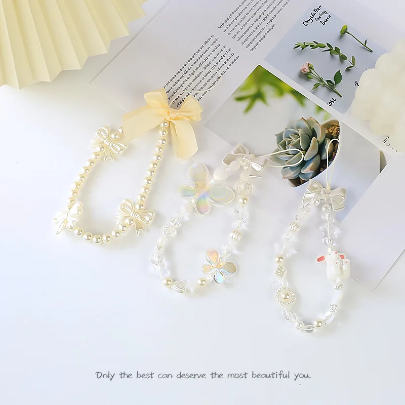 

New Mobile Phone Lanyard Women's Short Creative Round Bead Chain Color Bow Mobile Phone Case Lanyard Accessories Bag Accessories