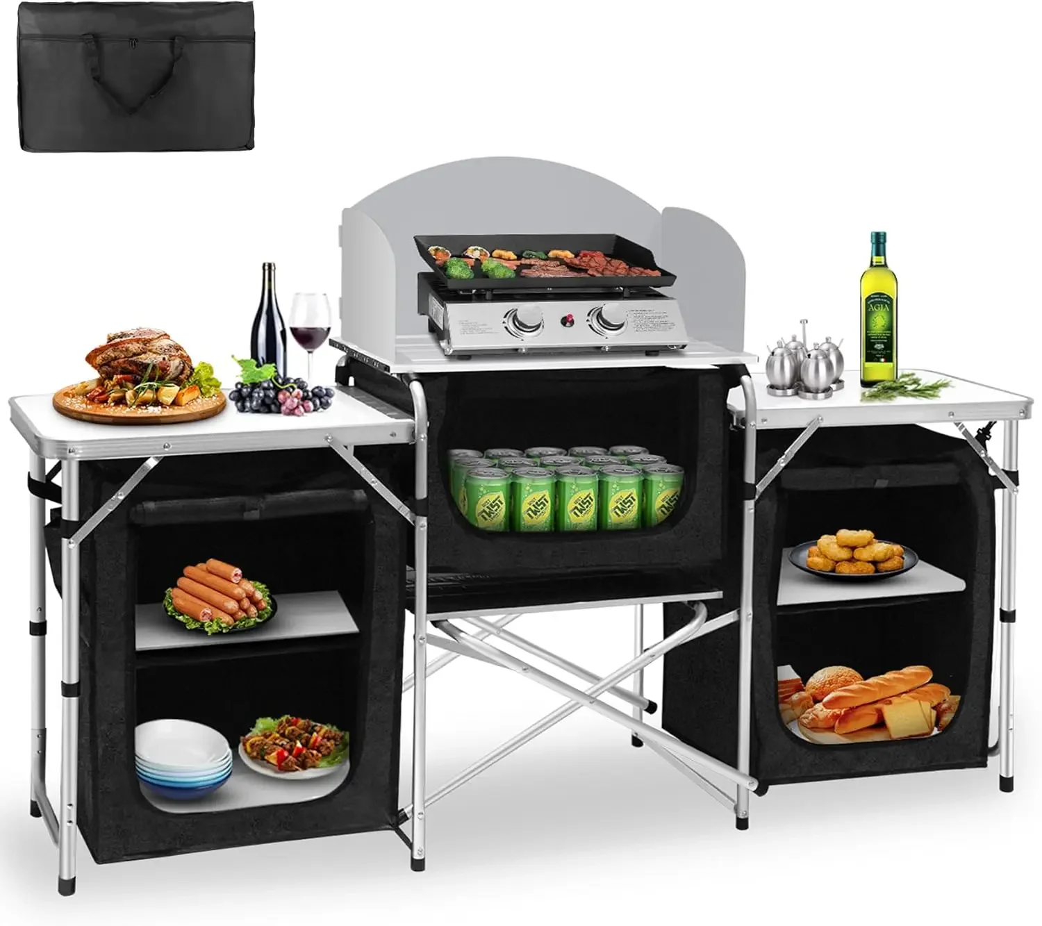 

Camping Kitchen Table, Aluminum Portable Outdoor Cooking Table Foldable Camp Table with Windscreen and 3 Storage Cupboards