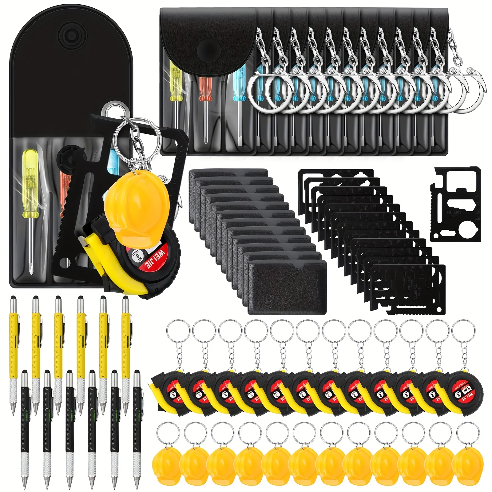 

96pcs Mini Tape Measure Screwdriver Multitool Pen Credit Card Helmet Keychains Bulk Father Gift for Men Party Favor (Rich)