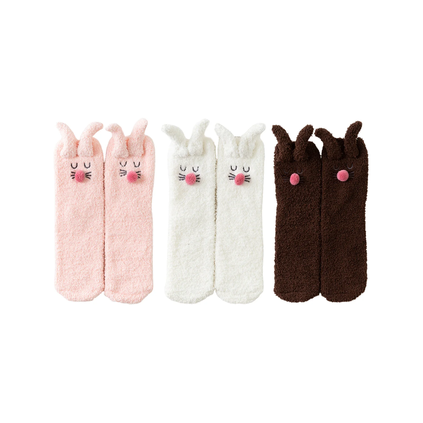 Three-dimensional ear rabbit coral velvet socks combination set (1 pair each of pink + white + brown)