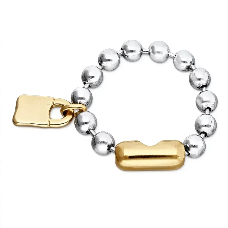Silver Round Bead Bracelet for Women Gold Lock Shape Pendant Bar Charm Chain Two Tone Metal Jewelry Gift for Her Birthday Party Casual Wear Valentines Day Christmas High Quality Alloy Polished Finish Hypoallergenic Comes in Gift Box Ready for Giving Chic