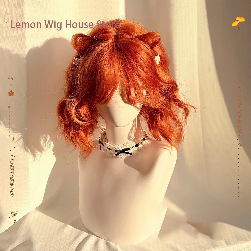 Picture 3: Short Wavy Orange Wig with Bangs 12inch Curly Hair Lolita High Quality Synthetic Wigs for Women Daily Cosplay Wig Heat Resistant