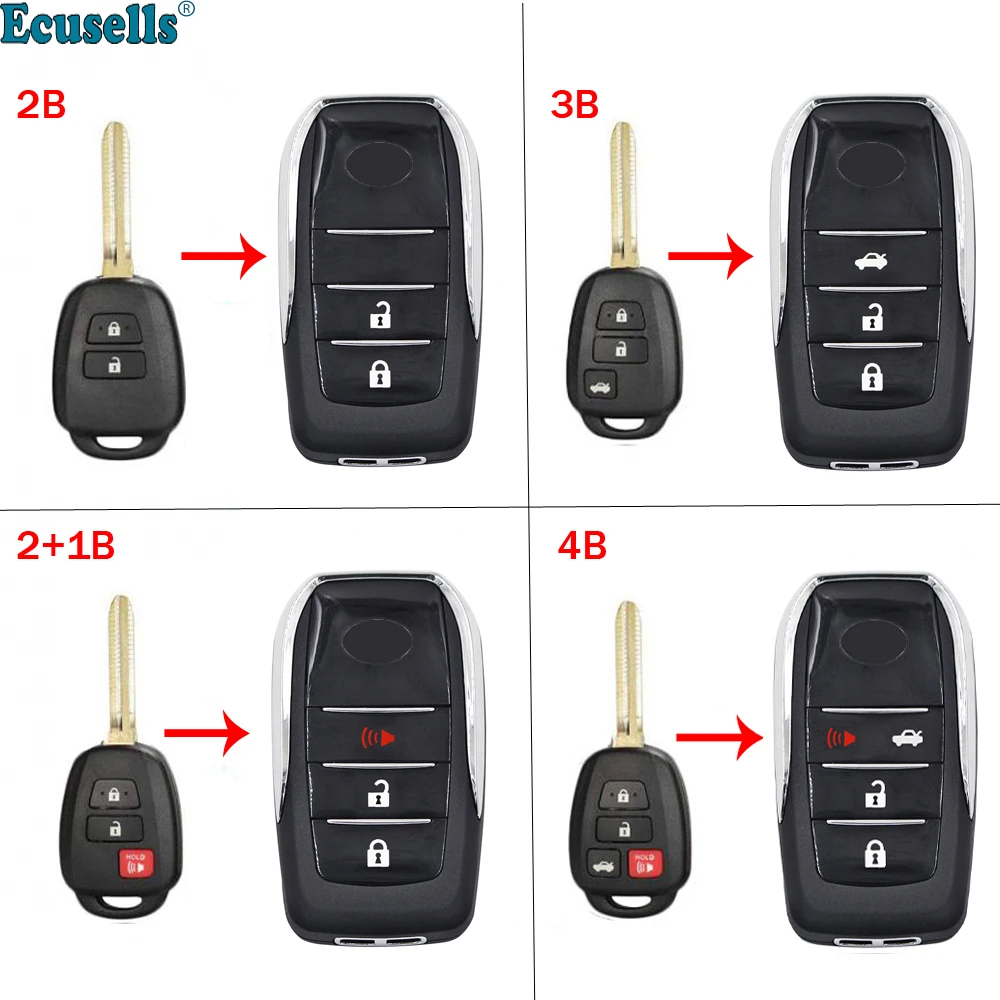 

2/3/4 Buttons Modified Flip Blank Remote Key Shell Case Fob for Toyota Camry Corolla RAV4 Highlander Tacoma with TOY43 Blade