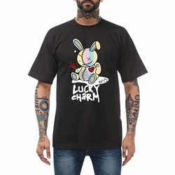 Men's LUCKY CHARM Bunny Doll Print Round Neck Short Sleeve T-shirt, Casual Fashion Rabbit Rose Flower Graphic Tee Loungewear Top