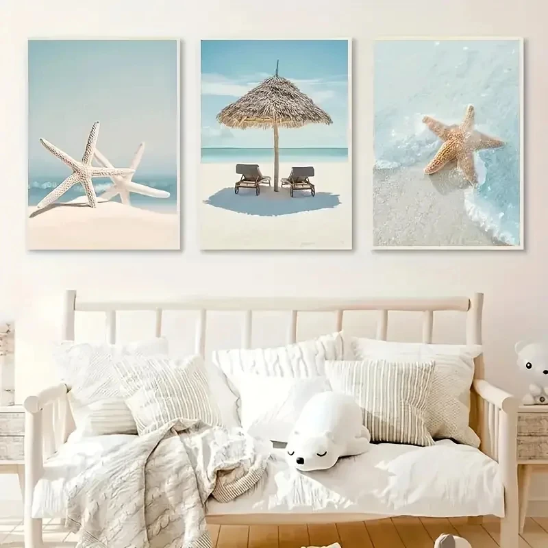 

3pcs/Set Simple Blue Beach Starfish Landscape Painting Canvas Poster Wall Art Nordic Living Room Dining Room and Home Decoration
