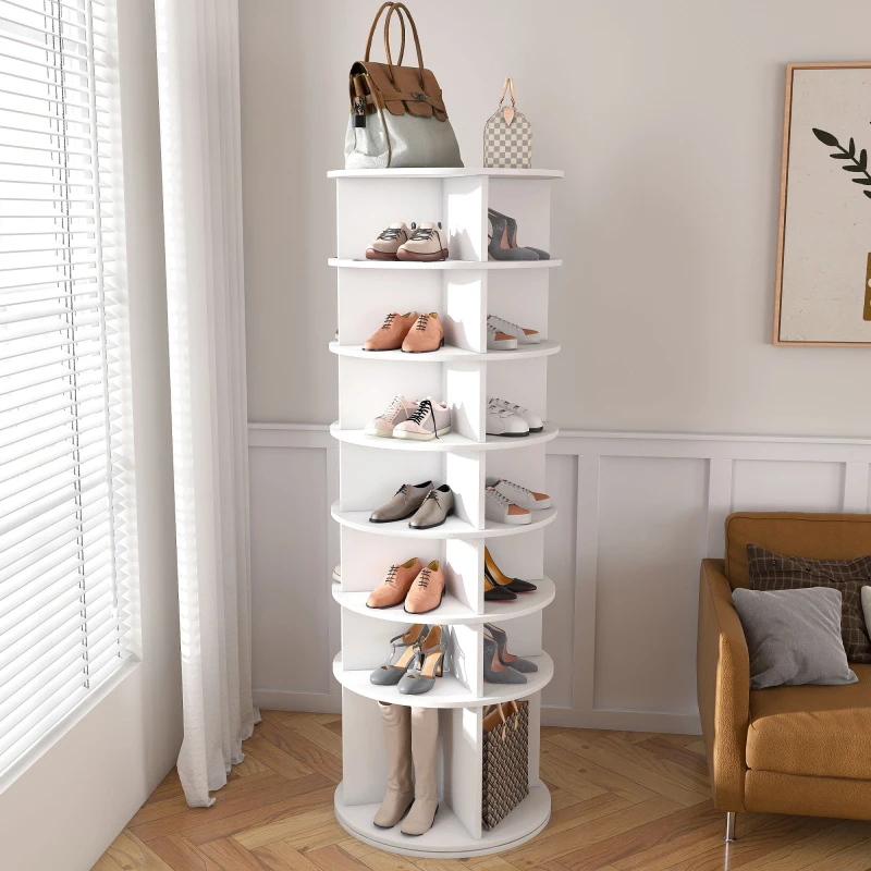 Support à chaussures autoportant 7 niveaux 360° °   Étagère pivotante blanche avec plateau surélevé pour bottes jusqu'à 28 paires, 60×60×184cm, expédition depuis un entrepôt local