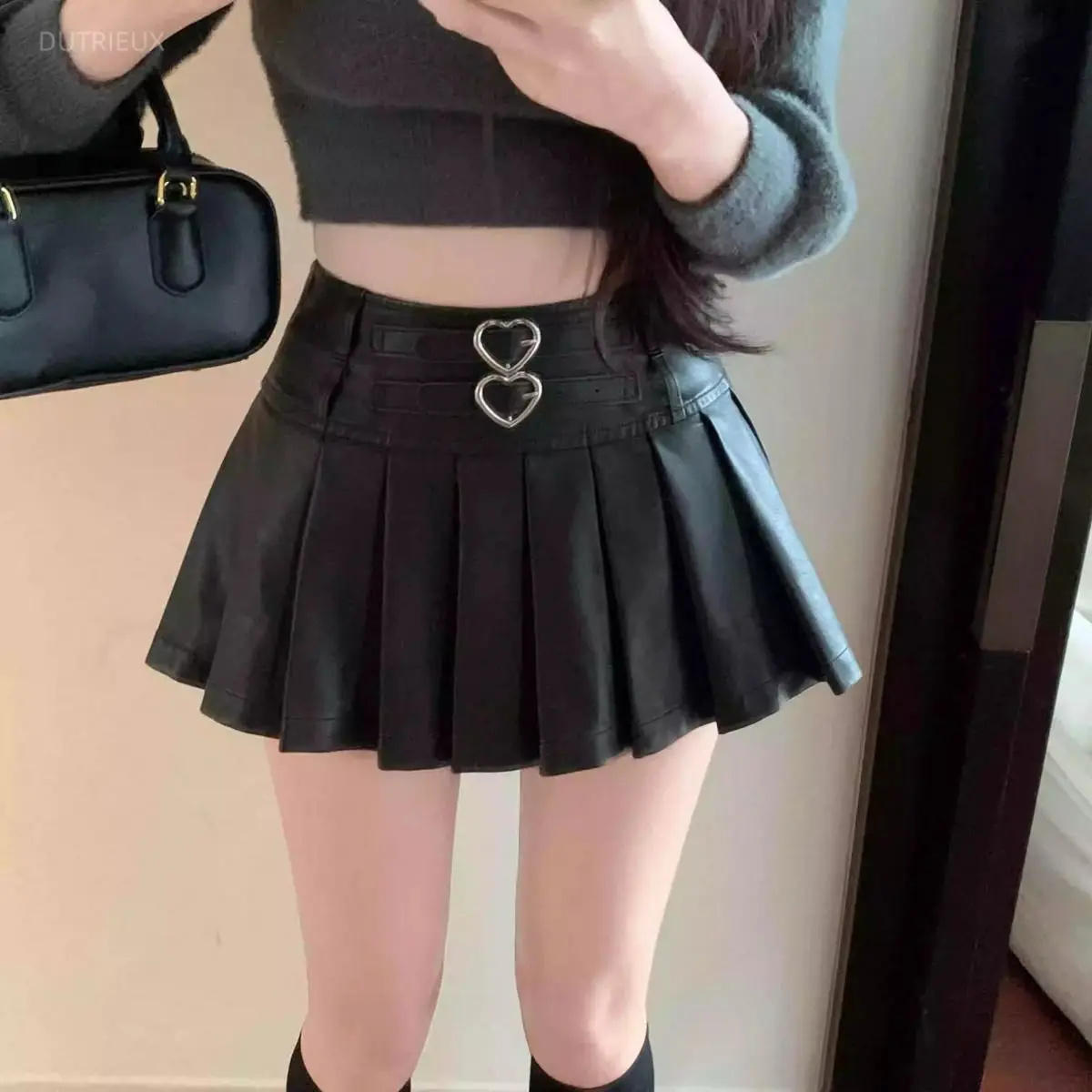 Harajuku Faldas Mujer Moda High Black PU Leather Skirts Pleated Jupe Y2k Goth Cake Autumn Юбка Subcultural Streetwear