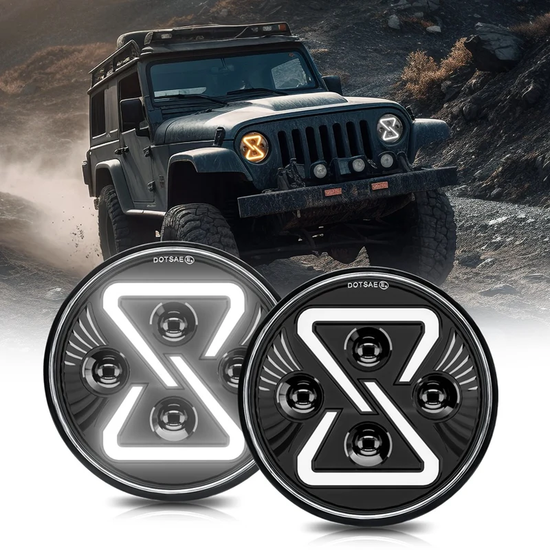 7 Inch Round LED Headlight 200W 30000LM Yellow Angel Eyes Headlamp For Wrangler JK TJ LJ Camaro Mazda Hummer