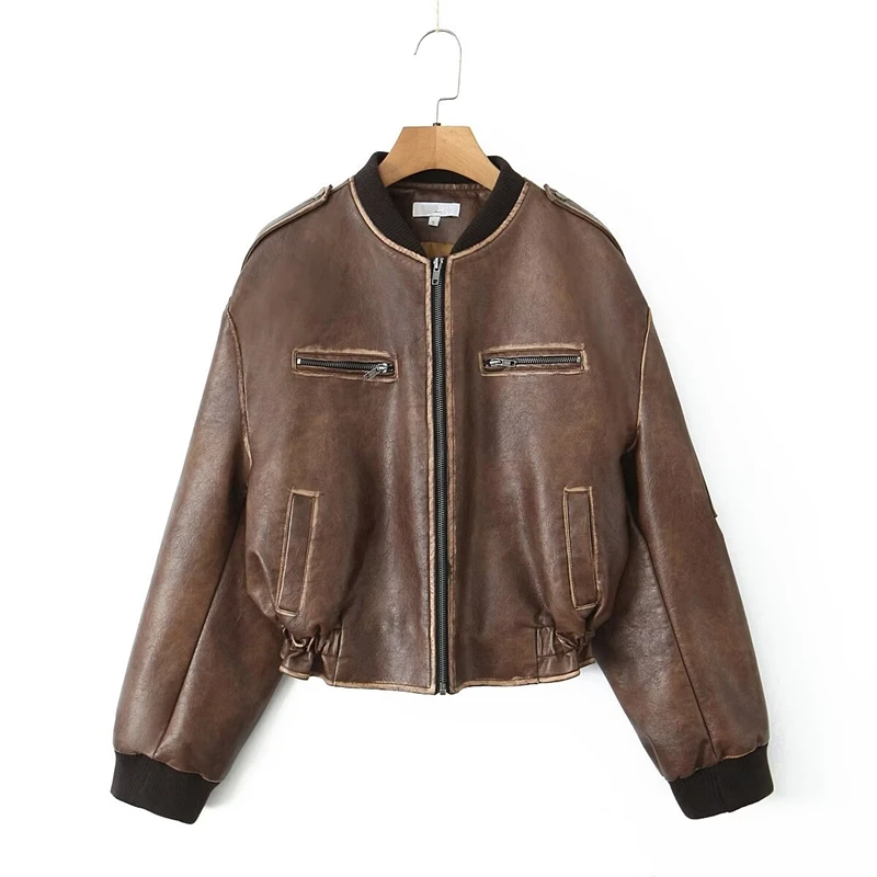 Maxdutti Washed Leather Jacket Winter Coat Women British Retro Vintage Boyfriend Brown Bomber Jacket