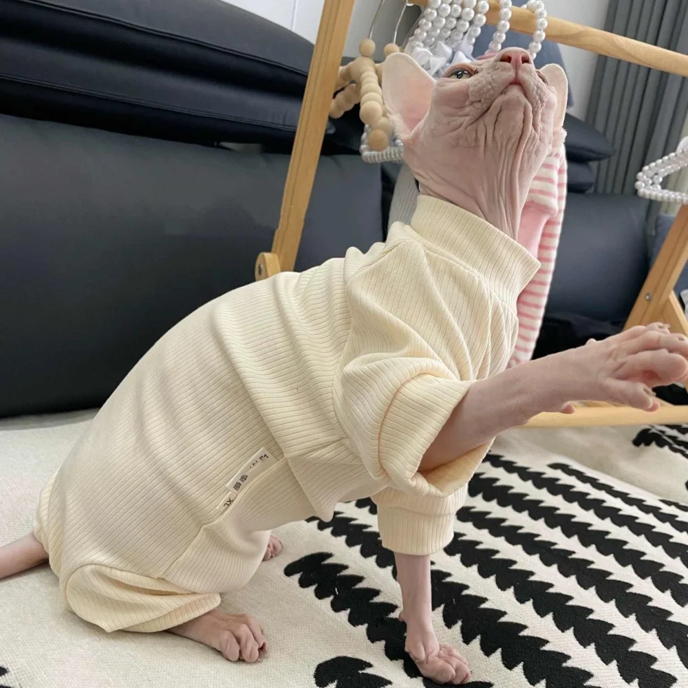 Cat Clothing Beige Cotton Undershirt for Sphynx Cat 4-legged Soft Jumpsuit For Kittens Spring Pajamas for Devon Rex