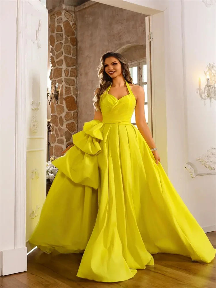 Customized Halter Neckline Sleeveless A-Line Tafetta Evening Dress Elegant Open Back Floor Length Sweep Train Gown For Women