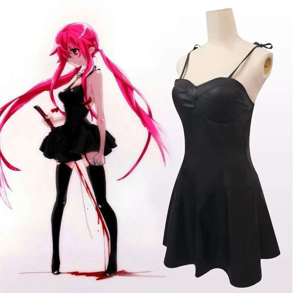 The Future Diary Gasai Yuno Cosplay Costume Black Dress Mirai Nikki Braces Dress