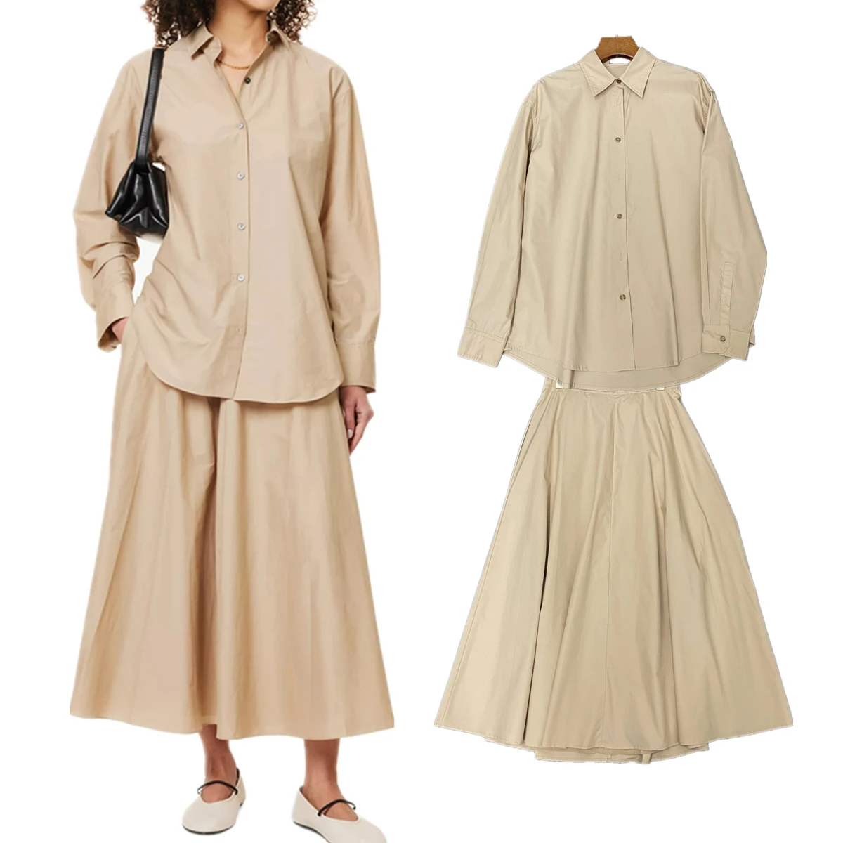 

Dave&Di Minimalist Fashion Ladies Khaki Solid Color Long Sleeved Shirt A-line Midi Skirt Two Pieces Sets Women