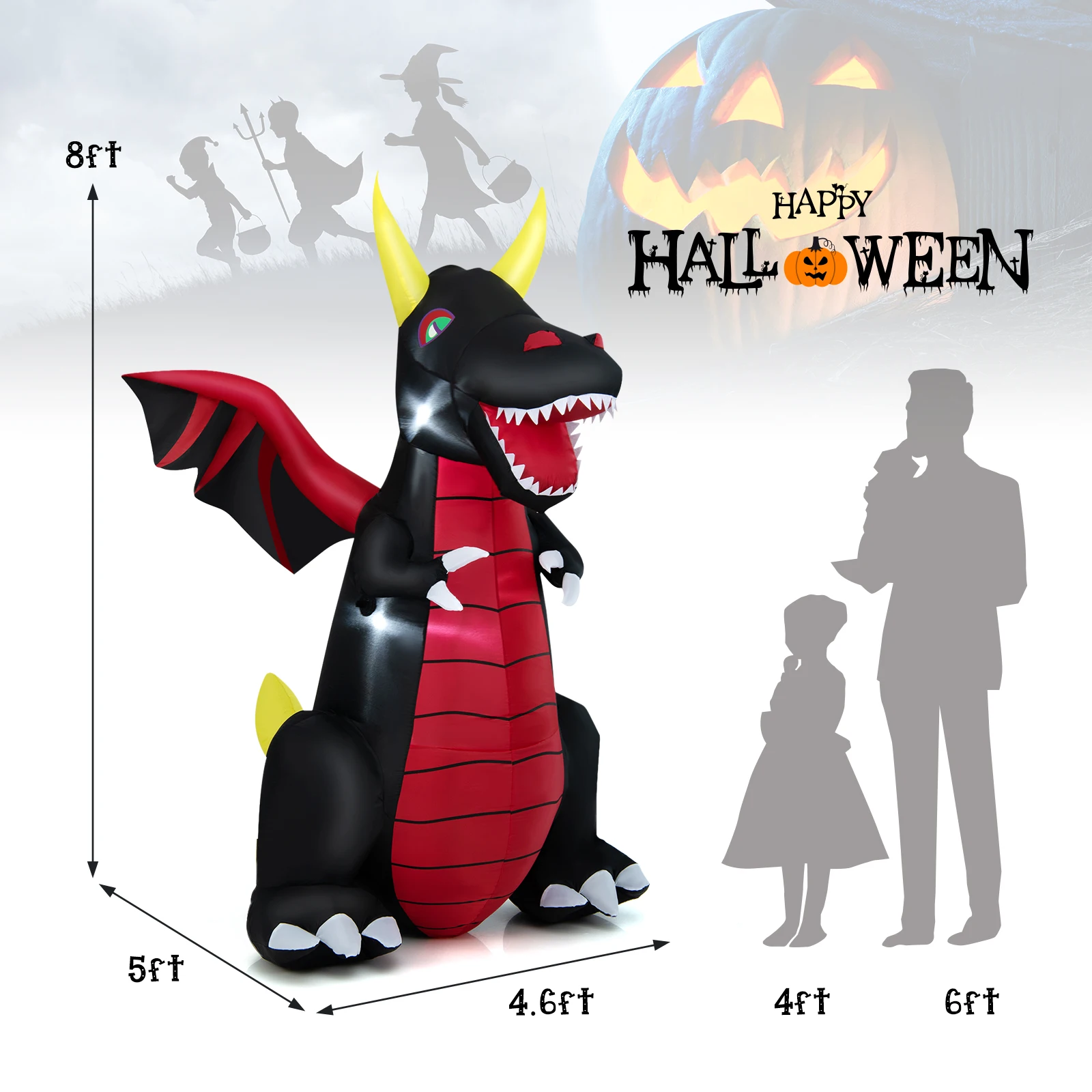 8 FT Halloween Inflatable Fire Dragon Giant Blow up Decoration with LED Lights