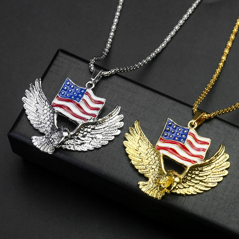 Flag of United States Bald Eagle Necklace American Stars and The Stripes Pendant Old Glory Chain Hip-hop Rock Man Jewelry Gift