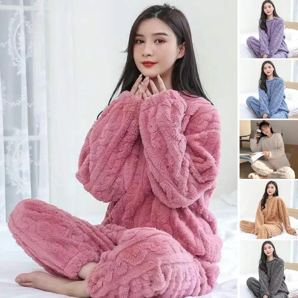 2Pcs Women Two-piece Pajama Set Thickened Elastic Waist Pajama Pants Cozy Coral Fleece Winter Pajamas Set for Couples Homewear