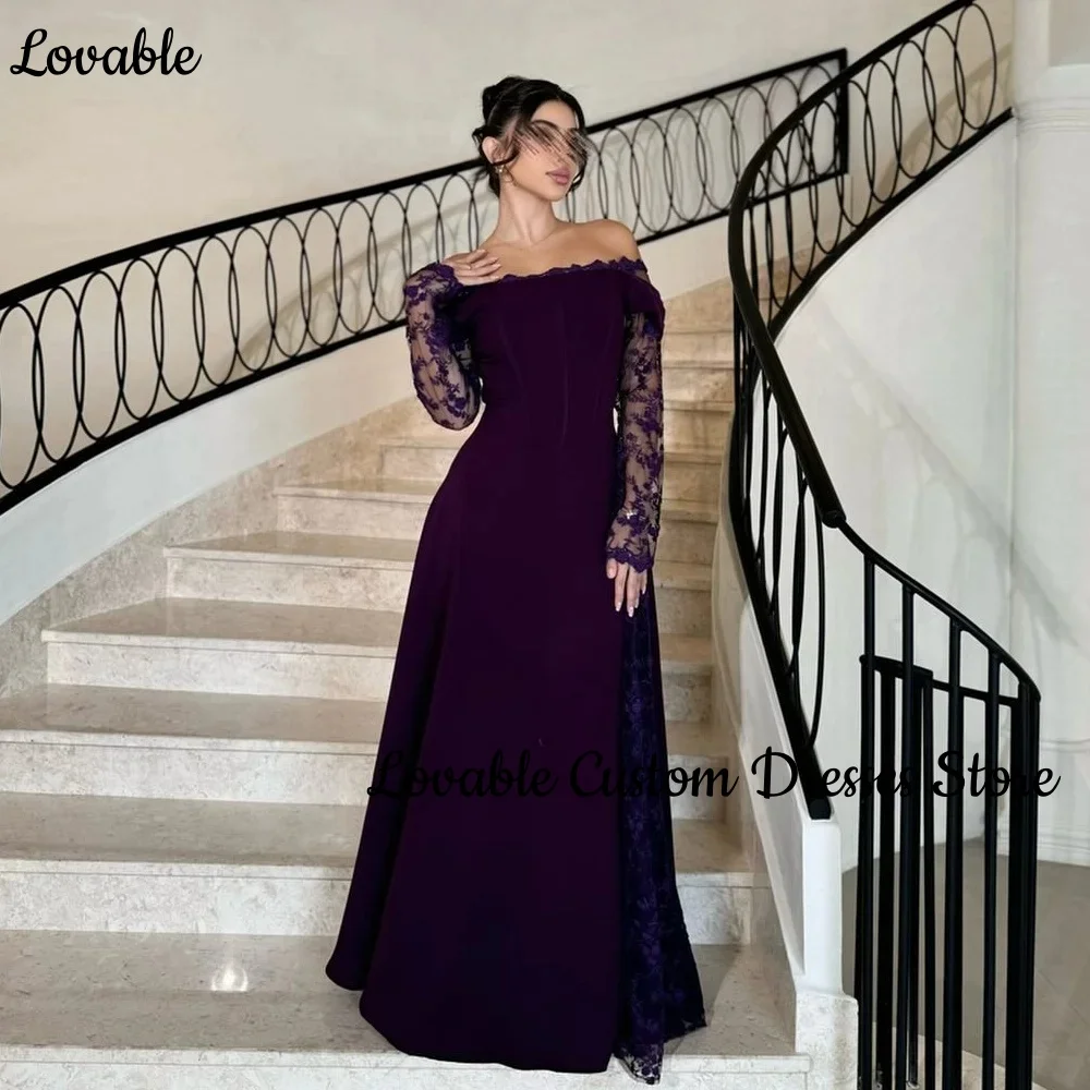 Customized Prom Dresses 2025 A-Line Off-The-Shoulder Neckline Floor-Length Lace Zipper Up Long Sleeves Dress Women Elegant