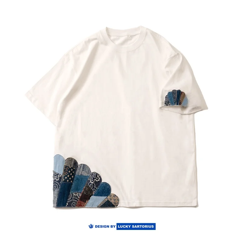 

Heavyweight Pure Cotton Indigo Patchwork round Neck T-Shirt Handmade Half Sleeve Blue Dye Floral Short Sleeve Body Shirt Unisex